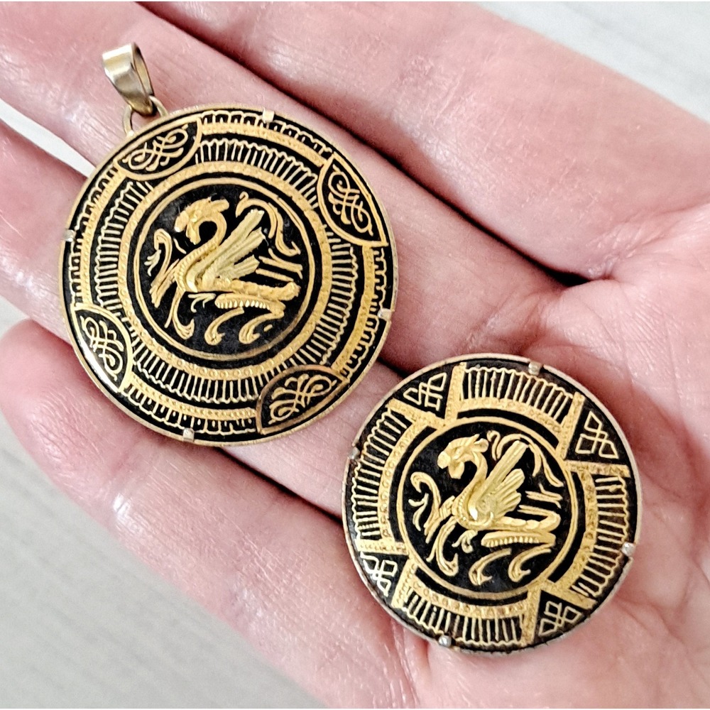Vintage Damascene Dragon Pendant Brooch Set Gold Tone Black Round Celtic Knot